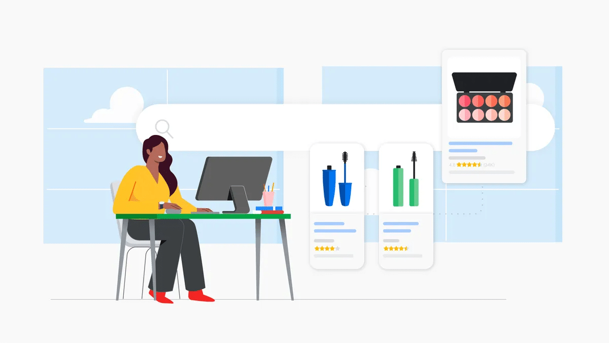 Person shopping on computer with images of cosmetic products